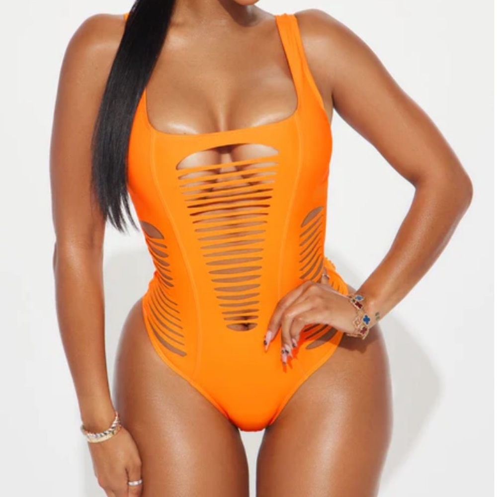 Fashion Nova Orange Sexy  Strappy Cutout One Piece Swimsuit New